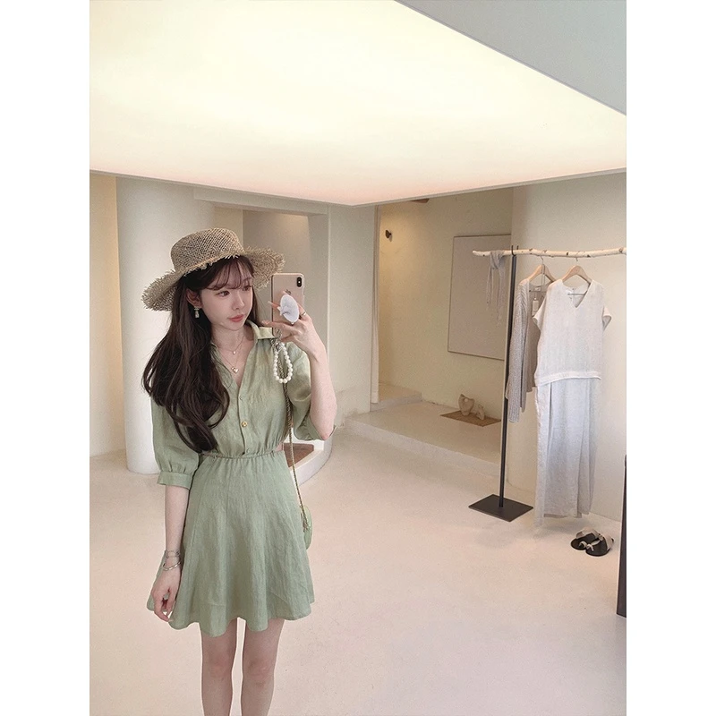 金蘑菇菇 双生 清爽甜系 私服V领高腰茶歇法式连衣裙女小个子短裙