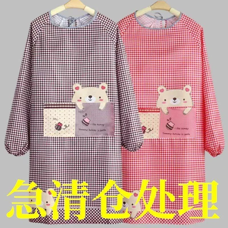 新款长袖围裙滑面四季通用罩衣成人男女工作服带防污围腰厨房家用