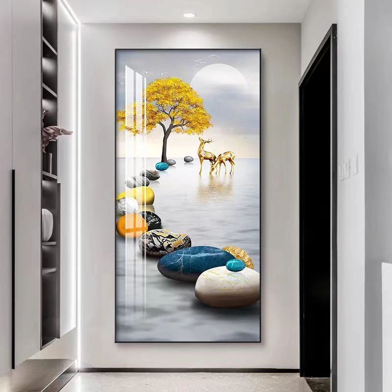 现代简约装饰画石来运转麋鹿新中式入户玄关走廊轻奢不带灯晶瓷画