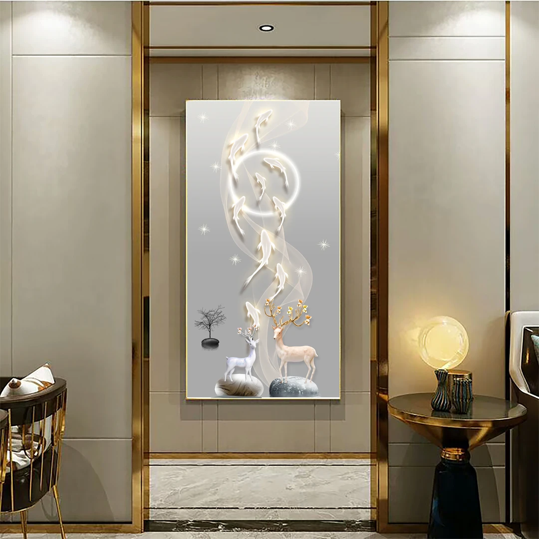 轻奢玄关装饰画高级感九鱼图晶瓷镶钻走廊过道竖版挂画入户门适用