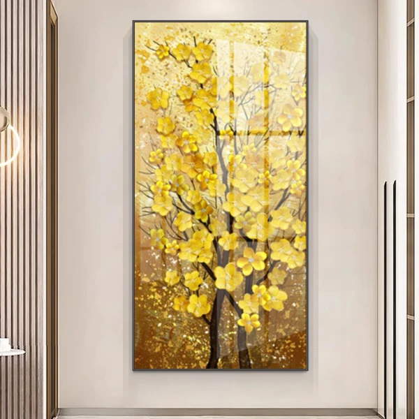 新中式黄金树玄关装饰画现代简约走廊过道不带灯挂画晶瓷镶钻壁画