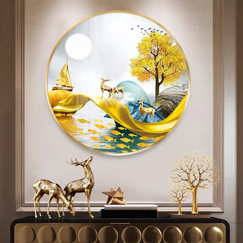 圆形不带灯画新中式入户门装饰画山水画晶瓷镶钻挂画走廊过道壁画
