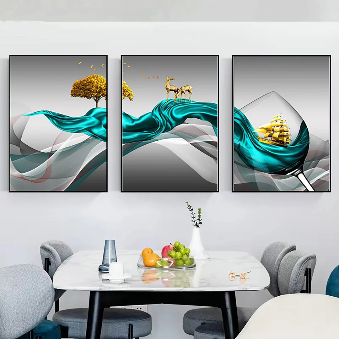 饭厅酒杯版画简约墙画三联画餐厅挂画轻奢大气新中式高级感晶瓷画