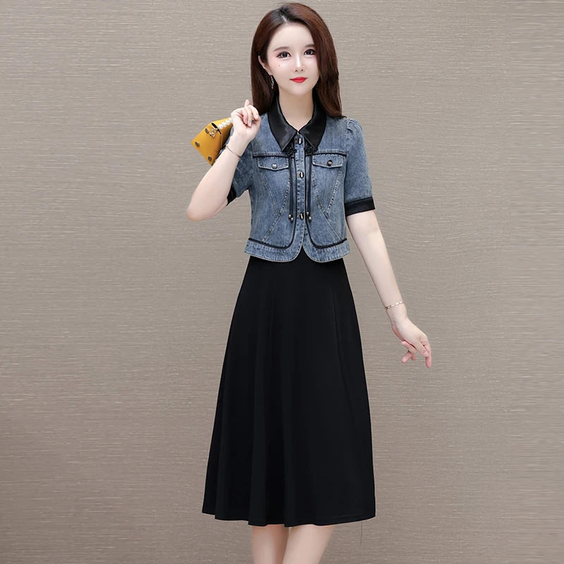 牛仔短袖外搭连衣裙两件套2024夏季新款韩版时尚洋气减龄显瘦套裙