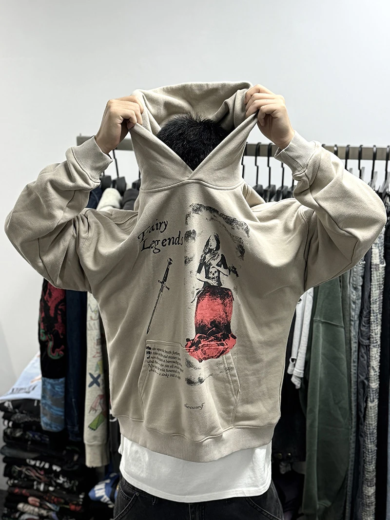 美式vintage复古潮牌Fairy 精灵限定男士毛圈宽松情侣连帽卫衣秋