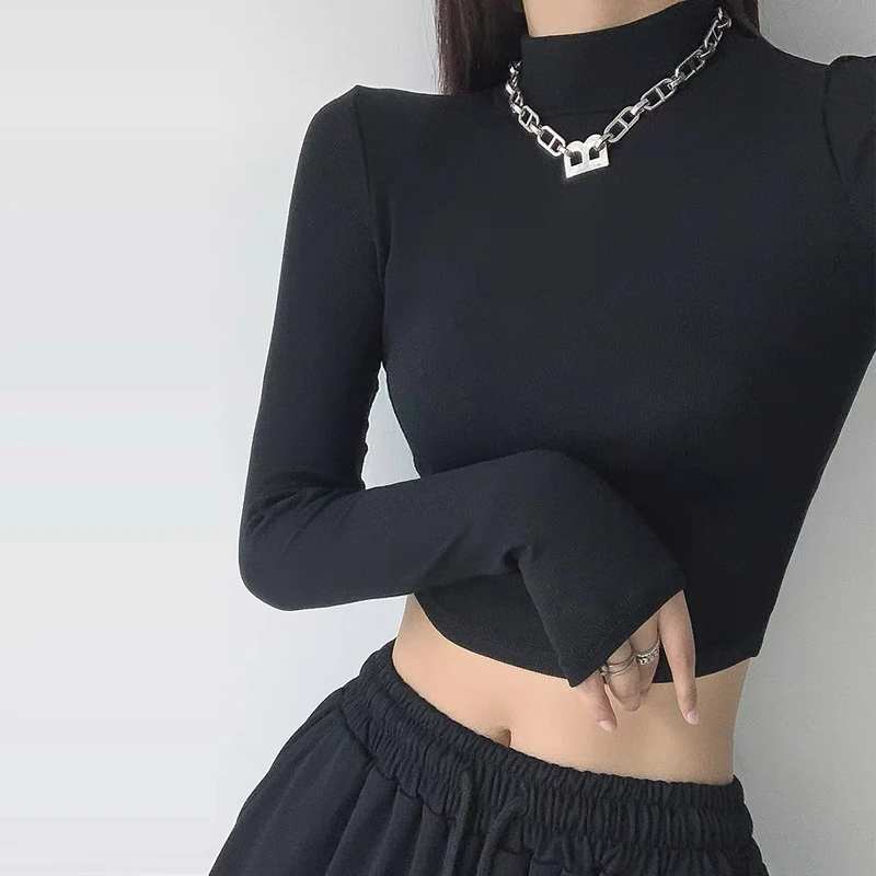 优可丝螺纹黑色半高领露脐打底衫女新款春秋季内搭短款长袖t恤衫