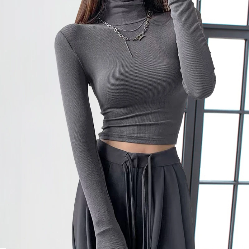 春秋短款厚高领长袖t恤女新款设计感高腰露脐打底衫紧身黑色上衣