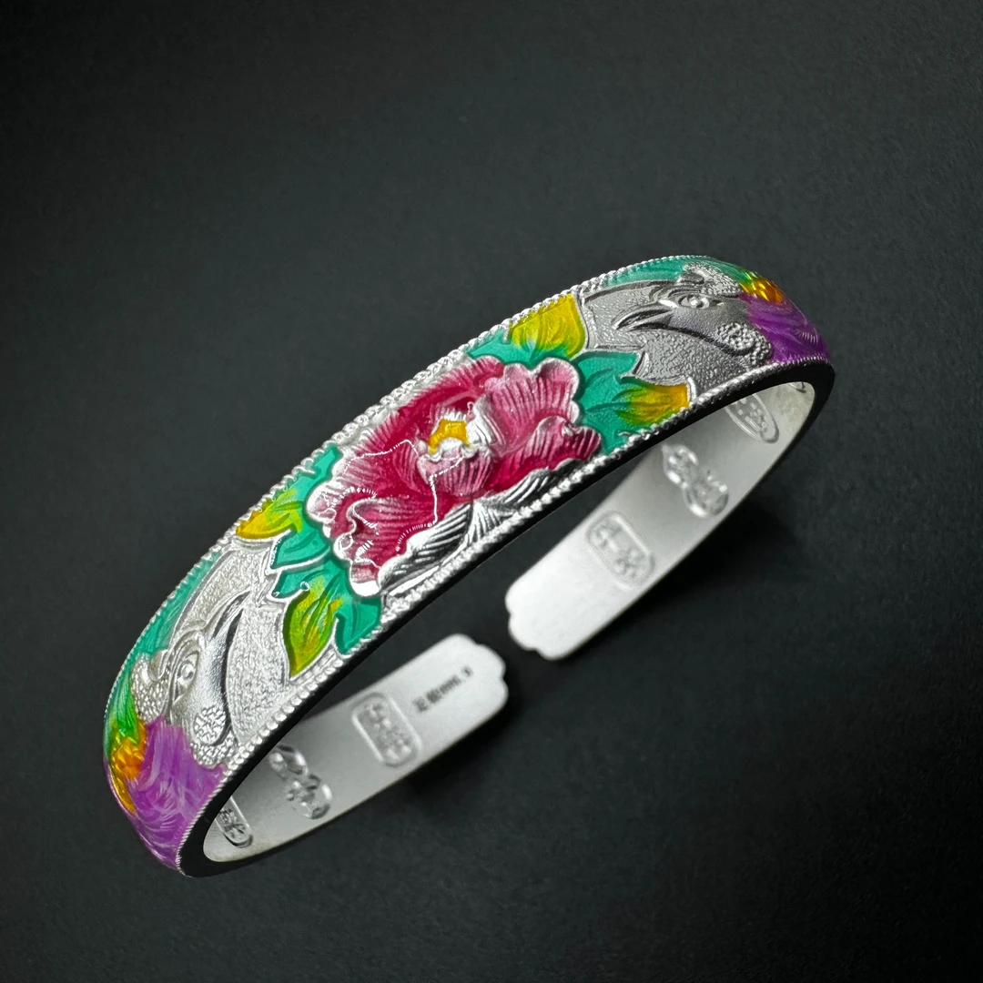 足银手镯 足银999.9 珐琅彩浮雕双凤戏牡丹民族风纯手工开口手镯