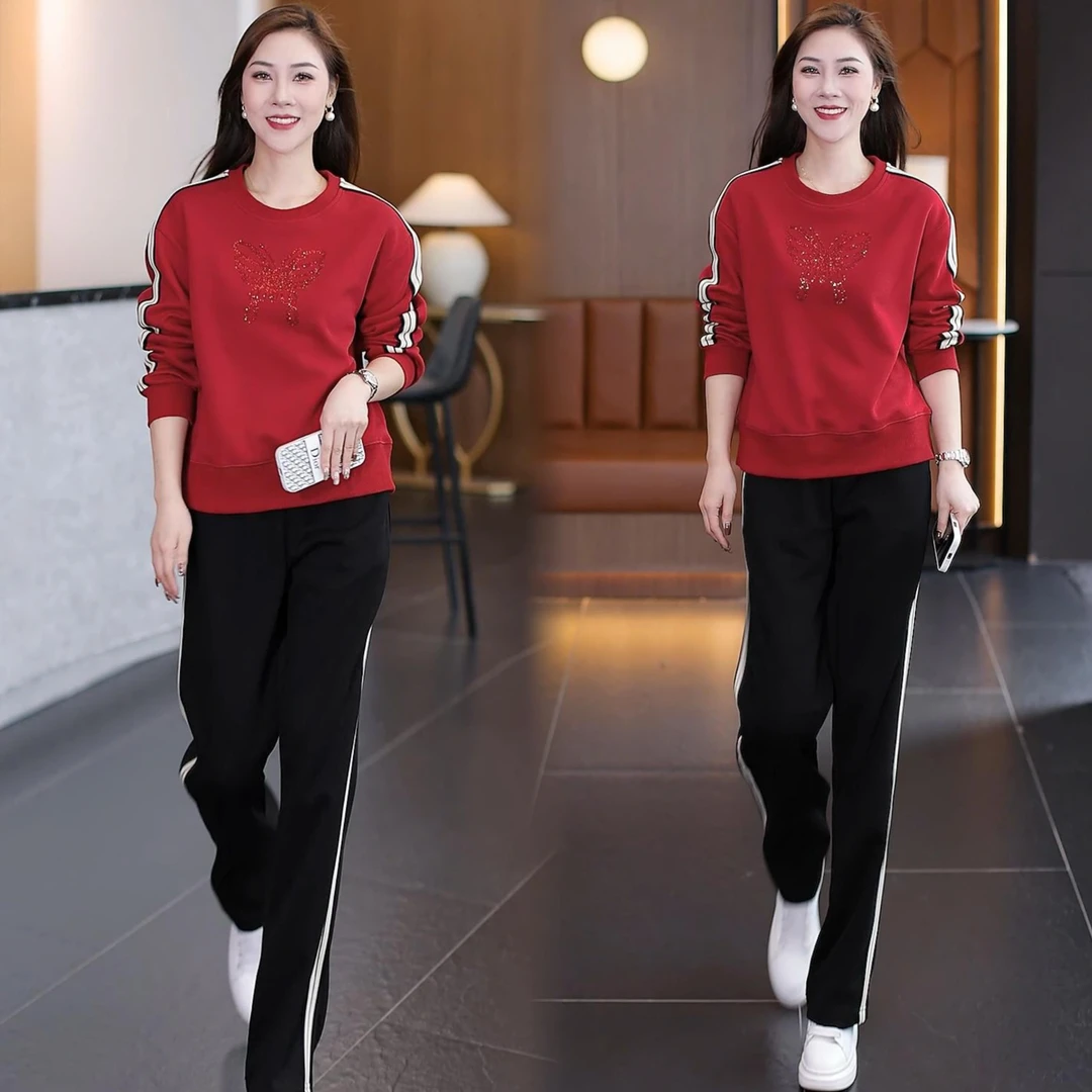 入秋一整套休闲运动装2024春秋季宽松显瘦遮肉洋气烫钻女两件套装
