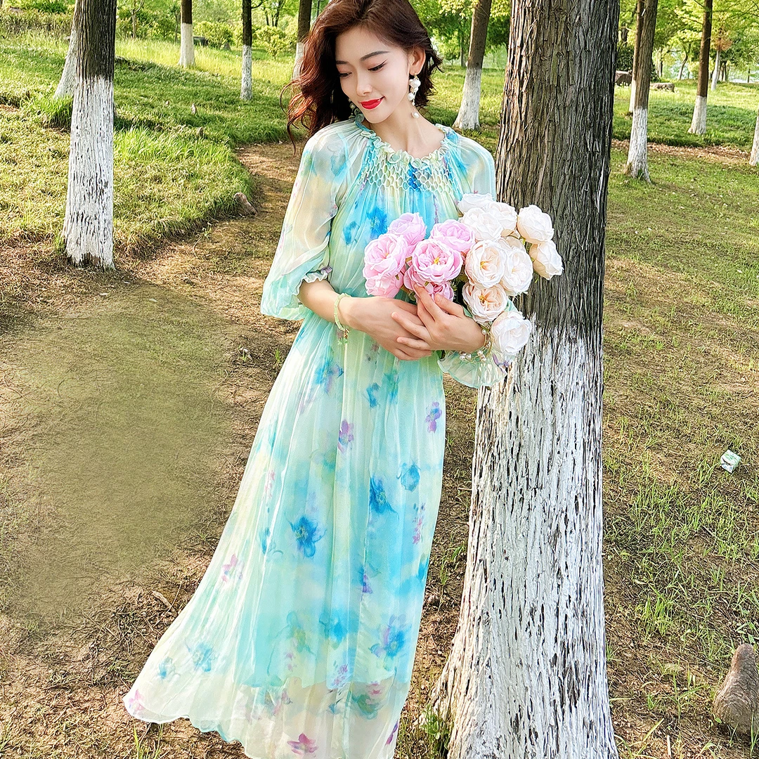 【锦瑟】法式设计师款真丝绣花印花渐变气质长裙女装连衣裙241D086