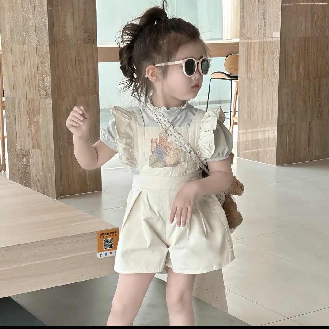 女宝宝网孔泡泡袖T恤连体裤两件套时髦洋气夏韩版棉质背带裤套装