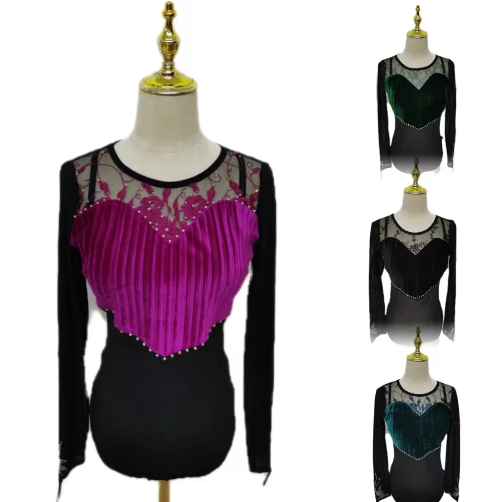 DA ER HUAN/大耳环【百褶金丝绒带勾手】拼蕾丝三步踩广场舞服上衣