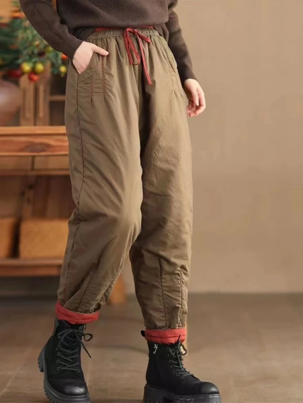 复古拼接夹棉加厚保暖休闲棉裤女秋冬通勤外穿高腰减龄束脚灯笼裤