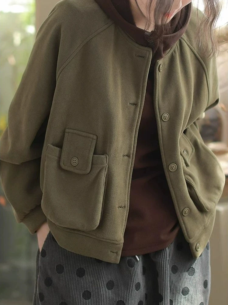 复古加绒针织棉长袖外套女冬季新款休闲百搭宽松开衫圆领夹克上衣