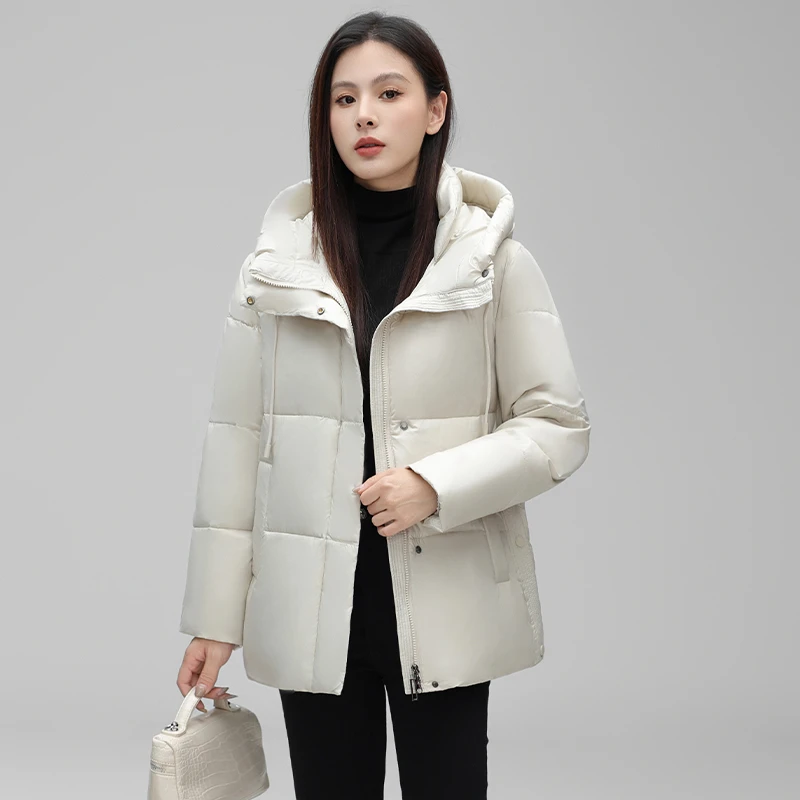 2024冬季新款女士妈妈短款连帽羽绒服休闲简约大码时尚暖保暖外套