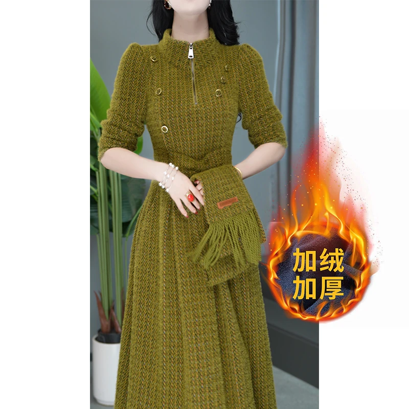 复古气质中长款加厚修身时尚长袖显瘦洋气连衣裙