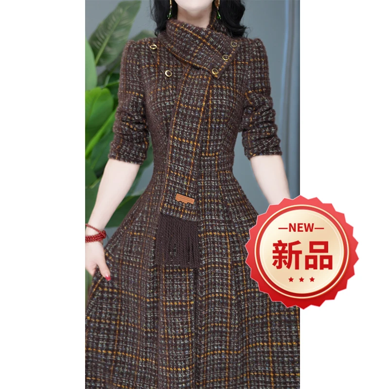 气质时尚中长款长袖显瘦收腰工作修身女神范连衣裙