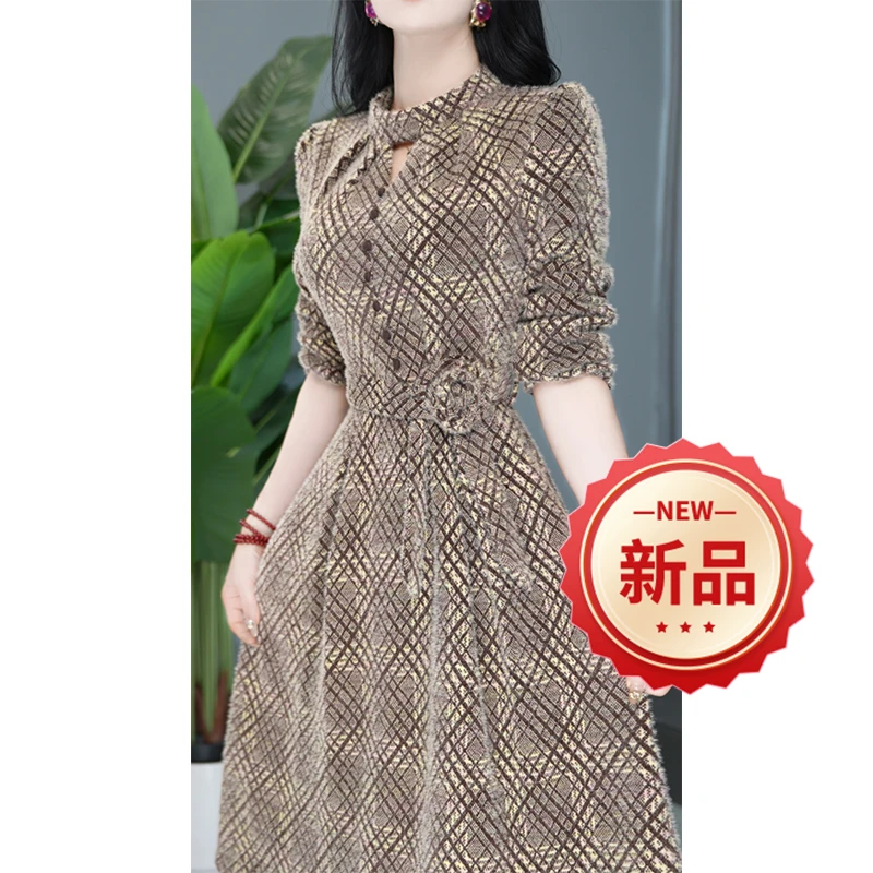 收腰时尚长袖显瘦气质修身中长款连衣裙