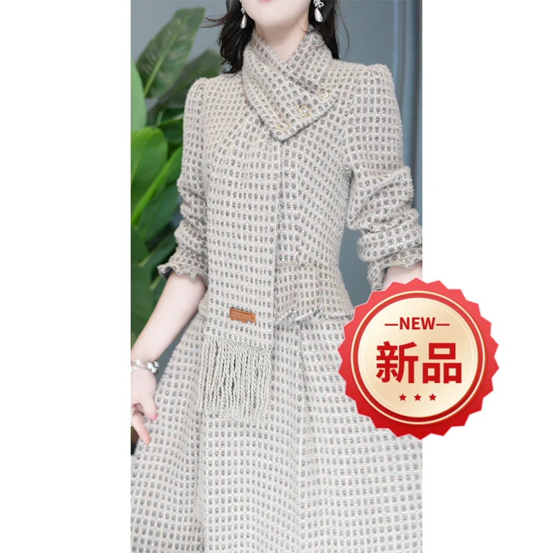 气质时尚显瘦中长款洋气修身复古长袖收腰连衣裙