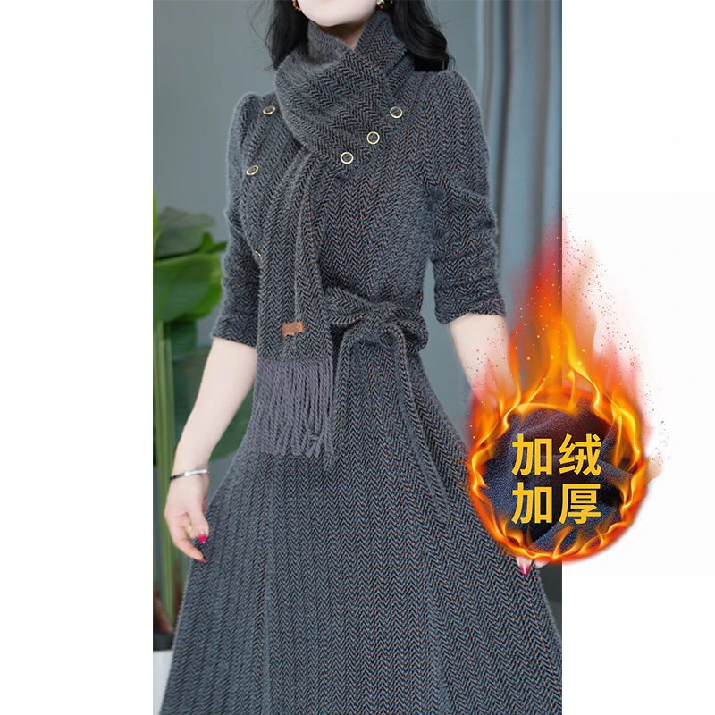 收腰气质加厚中长款时尚洋气长袖显瘦复古连衣裙