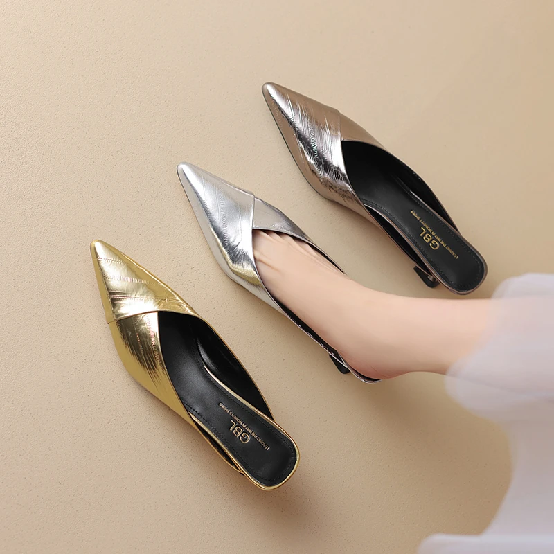 【头层牛皮】3cm低跟 尖头细跟包头凉拖鞋女 夏季时尚真皮半拖鞋