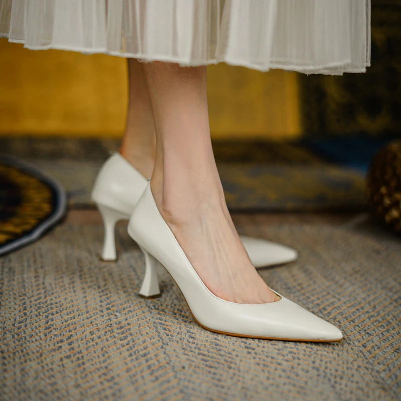 【软羊皮】跟7cm 真皮浅口高跟鞋女高跟百搭气质裸色职业细跟工作鞋