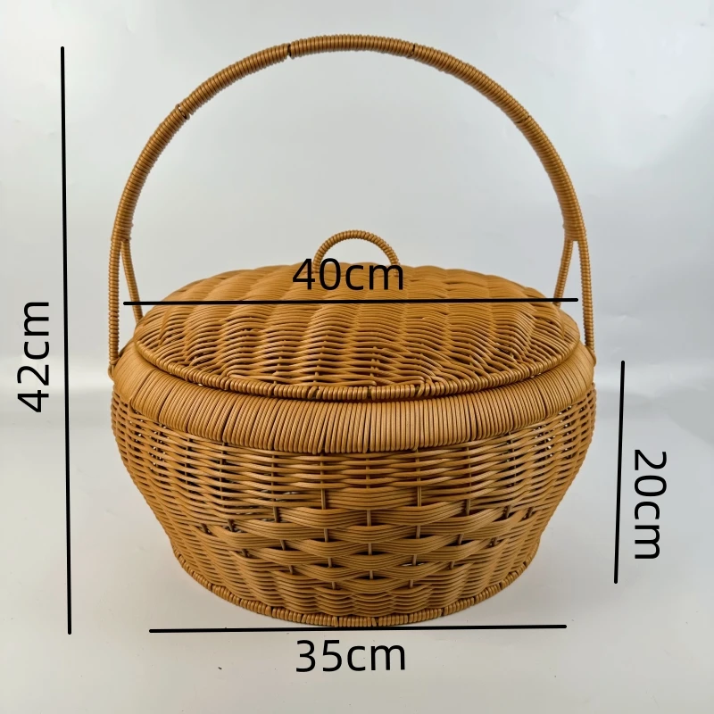 XK01仿藤手工编织编花手提篮 户外野餐篮加大号圆形拜拜篮40*20
