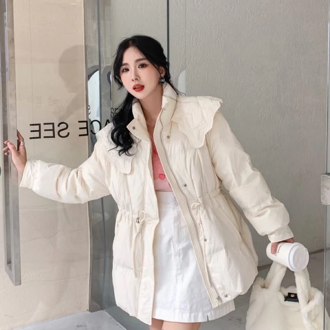 羽绒服女中长款2025洋气收腰学院可爱甜美娃娃领白鸭绒冬外套紫色