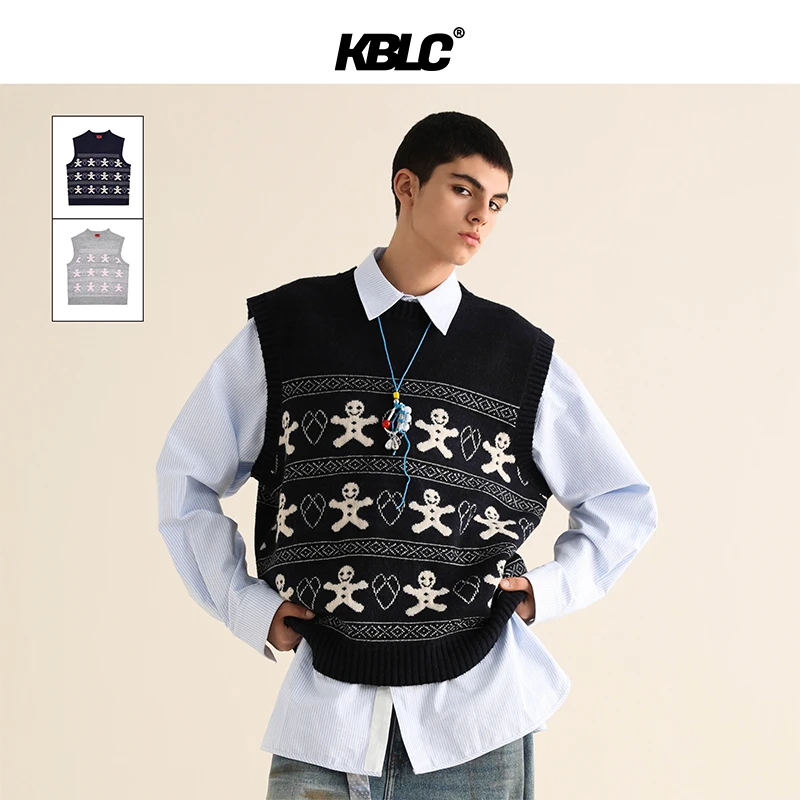 KBLC24AW秋冬不易起球姜饼人圣诞爱心藏青灰宽松百搭情侣马甲