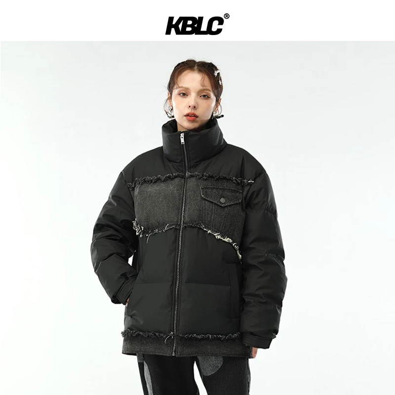 KBLC牛仔破坏拼接毛边羽绒服潮90白鸭绒宽松保暖外套冬男