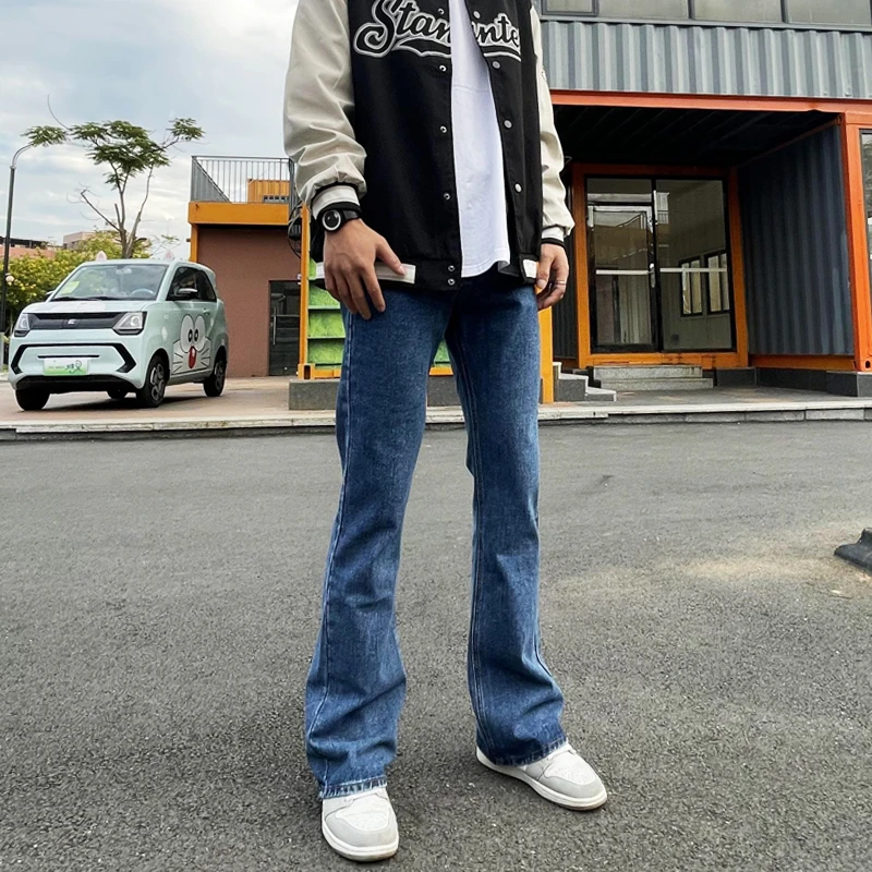 MUDENG深蓝色高街水洗牛仔裤男女美式休闲直筒ins风微弹简约长裤