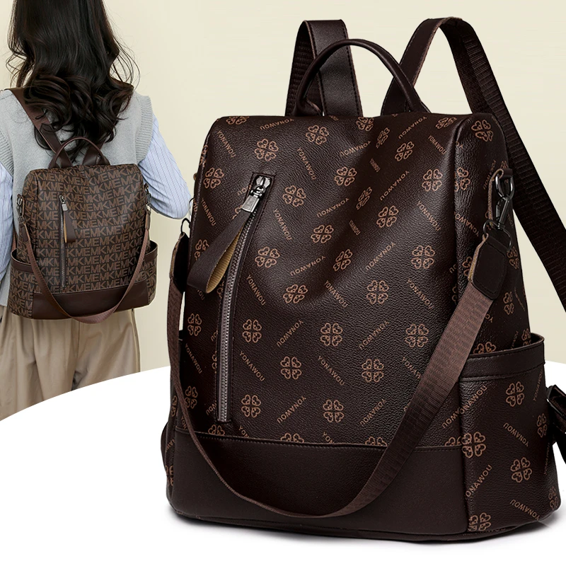 双肩包女2024新款大容量时尚花型软皮pu女士休闲简约防盗旅行背包