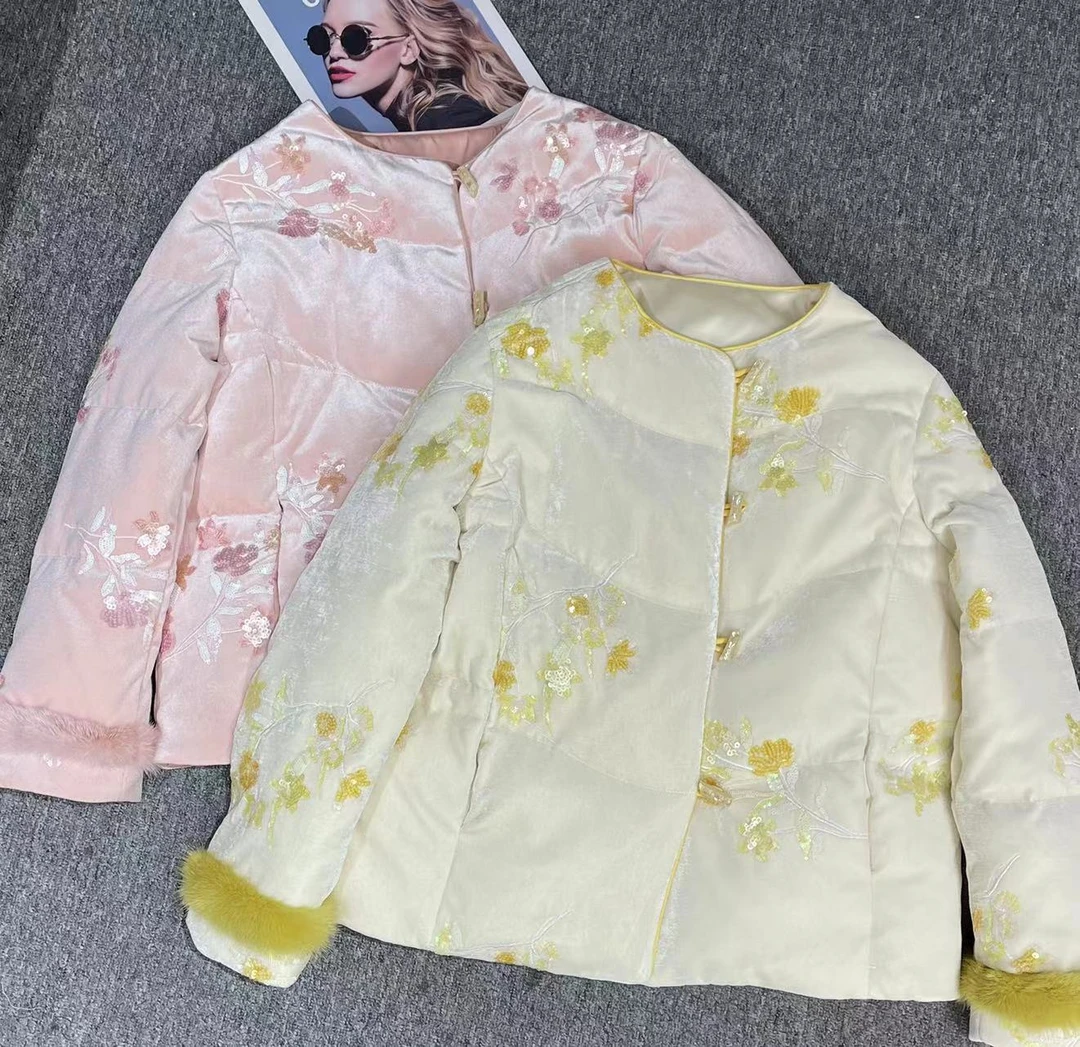 高级感重工刺绣亮片提花 漫步云端 设计师百搭时尚拼水貂毛羽绒服