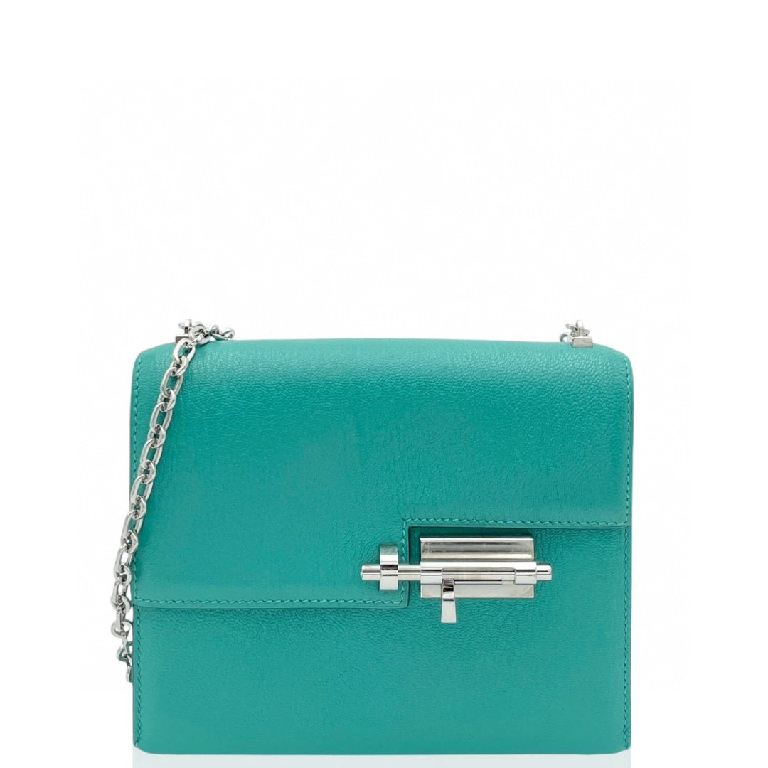 99新 Hermes/爱马仕  mini verrou C山羊皮 孔雀绿1019a6 