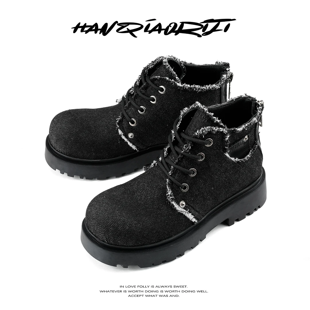 韩桥日记[重生系列]破坏牛仔布厚底拉链马丁靴圆头高帮德比鞋男潮