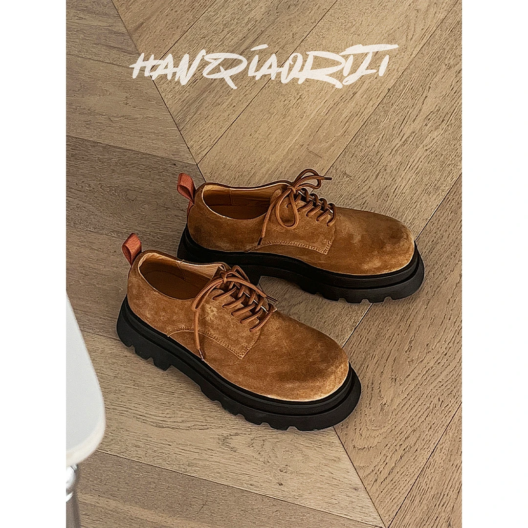 韩桥日记[幽渊系列]棕色翻毛皮德比鞋男休闲皮鞋真皮厚底大头鞋女