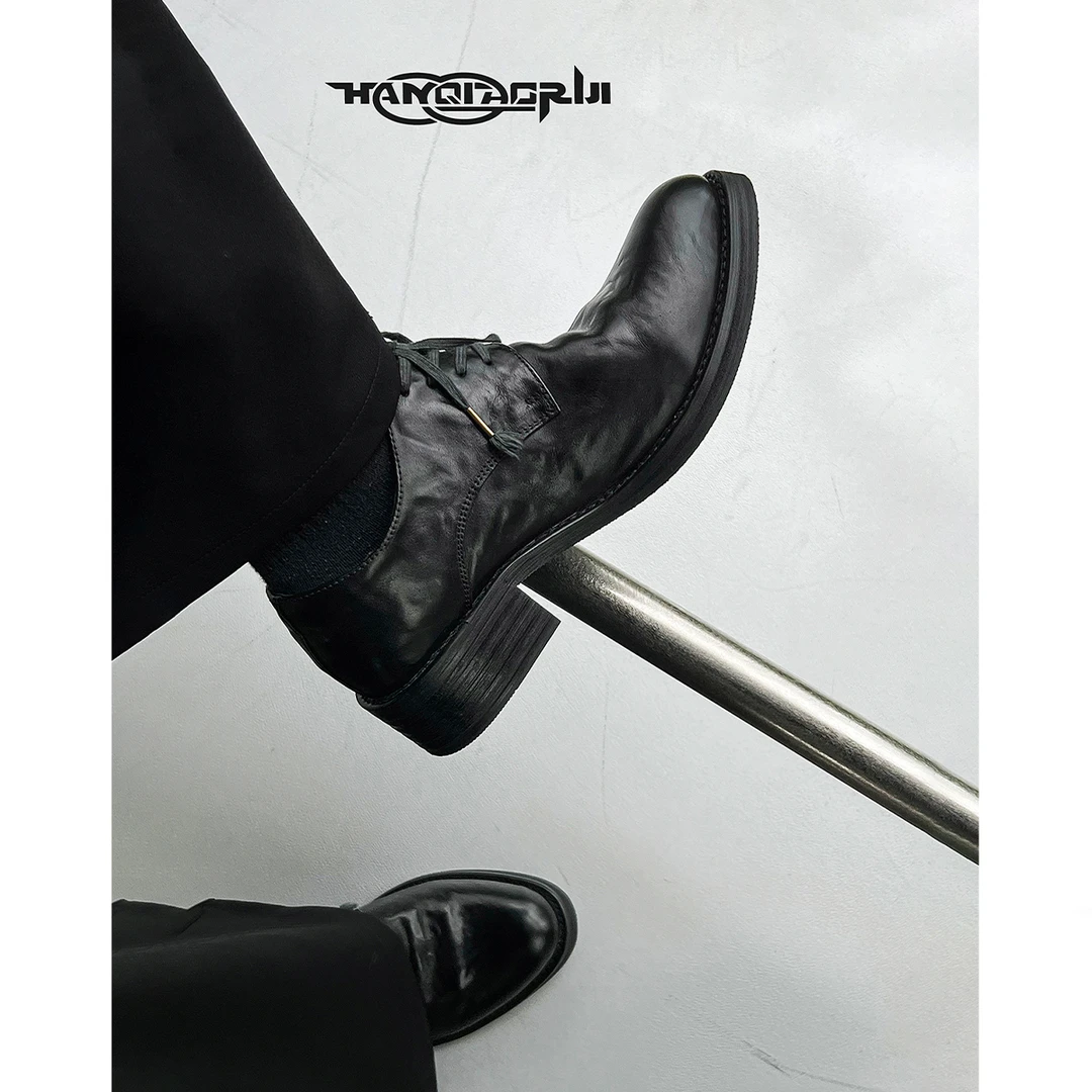 韩桥日记[未来系列]小众雅痞褶皱感头层牛皮尖头皮鞋男德比鞋女潮