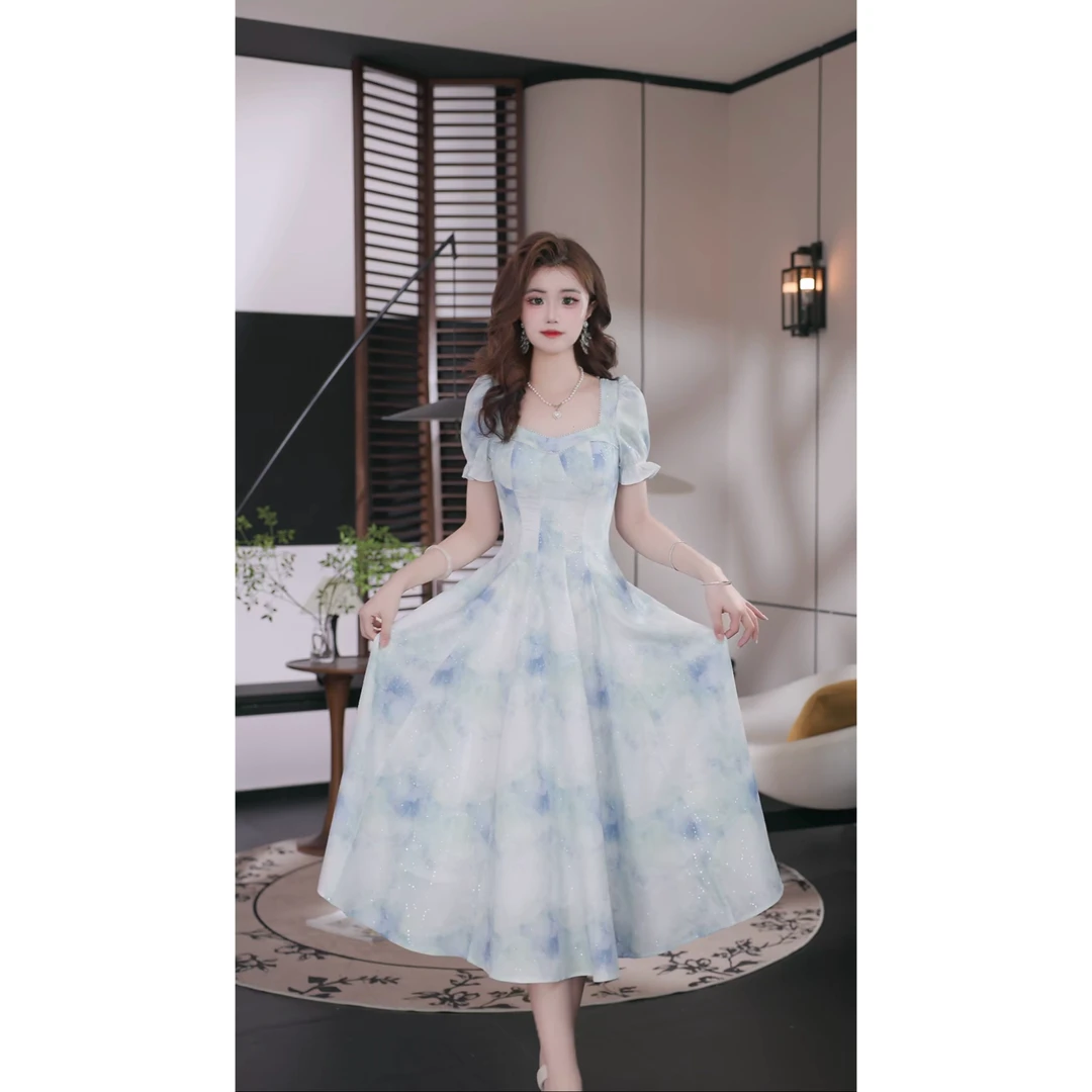 Meika -夏季新款法式气质优雅设计感收腰显瘦蓝色印花连衣裙长裙