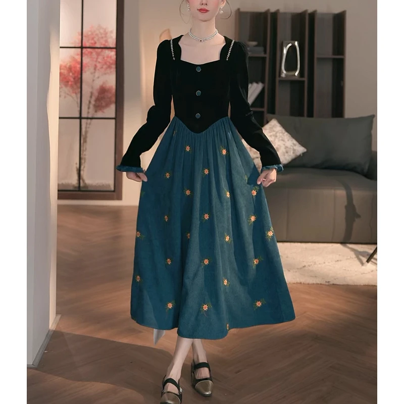 Meika-【南港的秋】2024秋冬法式复古拼接气质连衣裙-B0171K