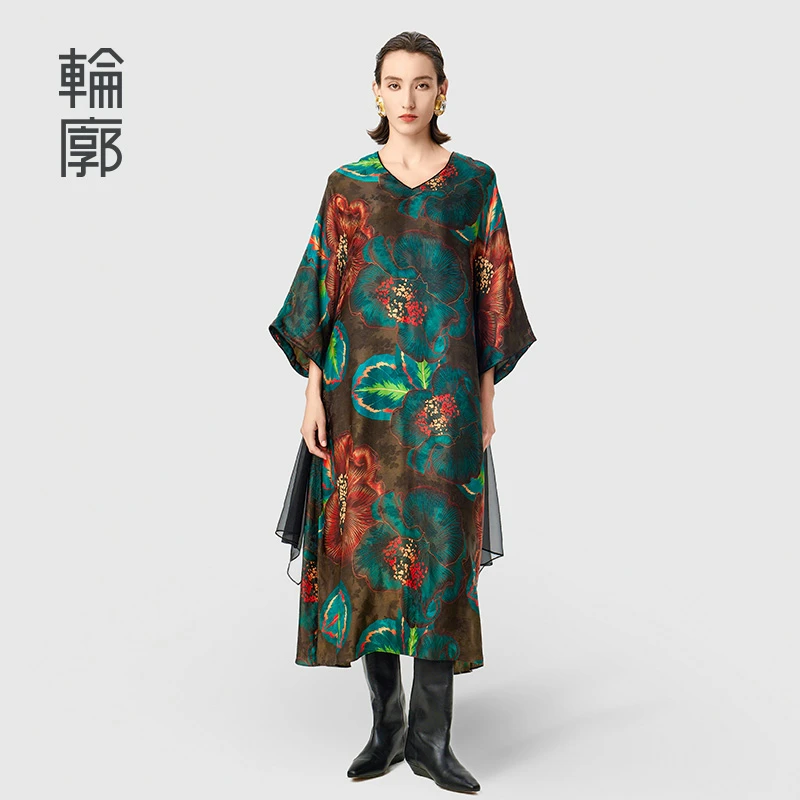 轮廓渡野提花连衣裙复古气质艺术感印花时尚中长裙小众L241Y006