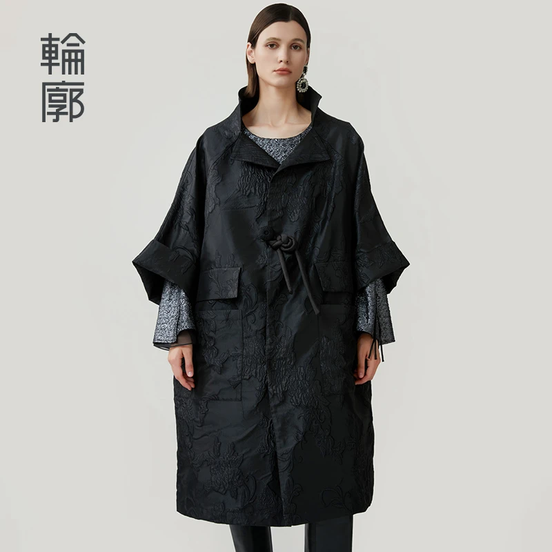 轮廓沧澜提花外套原创设计复古时尚大气简约宽松中长外衣L243Y075