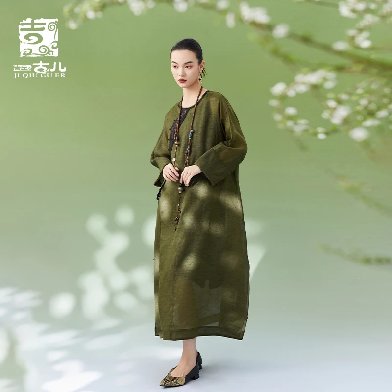 吉丘古儿菩萨蛮桑蚕丝连衣裙宽松复古中国风禅意裙子薄款G241Y053