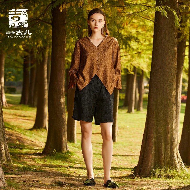 吉丘古儿原创宽松V领显瘦薄款气质百搭上衣春夏衬衣时尚G231Y048