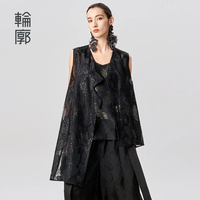 轮廓芍药重工新中式网纱绣花马甲复古时尚宽松百搭马夹薄L242Y006
