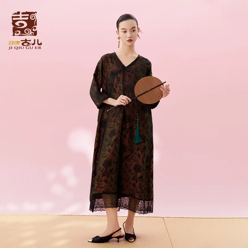 吉丘古儿虞美人老钱风连衣裙改良中式复古气质提花长裙G241Y052