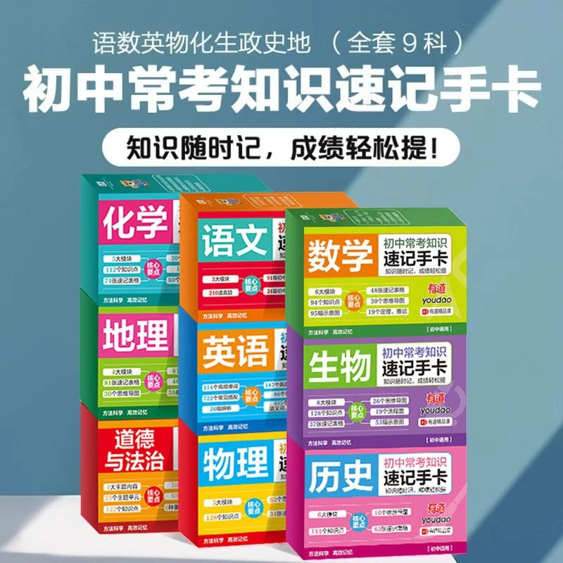 初中常考知识速记手卡 语文数学英语物理化学生物地理历史课外书