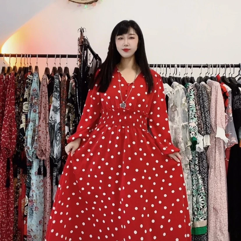重工艺红色圆点点时尚气质减龄长裙仙女裙女神连衣裙裙子收腰高端