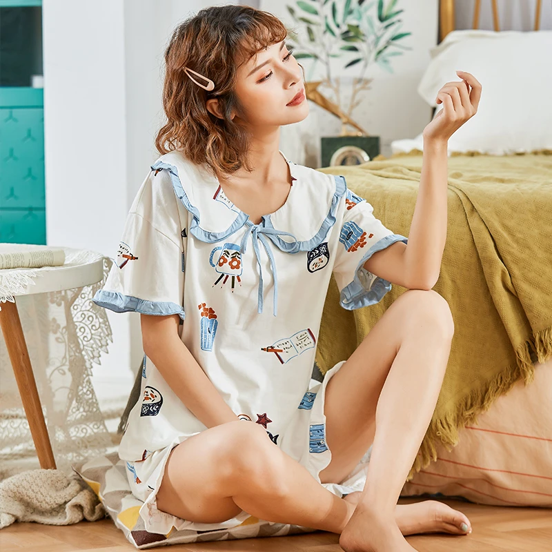 夏天短袖纯棉孕妇装短袖短裤产后喂奶睡衣产妇哺乳期居家月子服