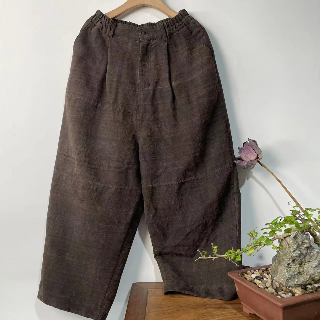 【隐叙原创】YX0819秋季新款植物染色古朴沧桑柞蚕丝休闲直筒裤