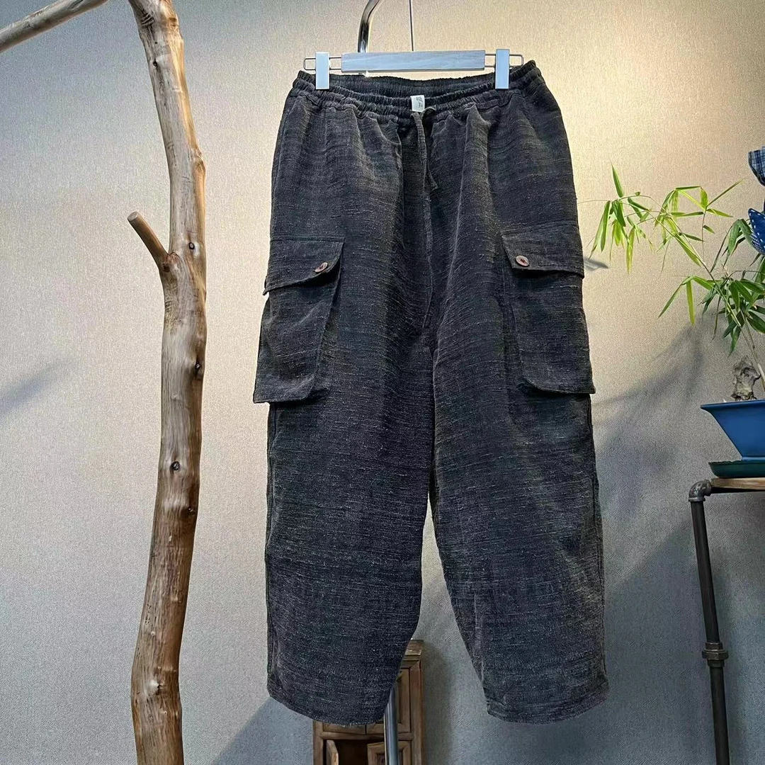 【隐叙原创】YX0375夏季新款个性时尚植物染色工装九分柞蚕丝牛仔裤